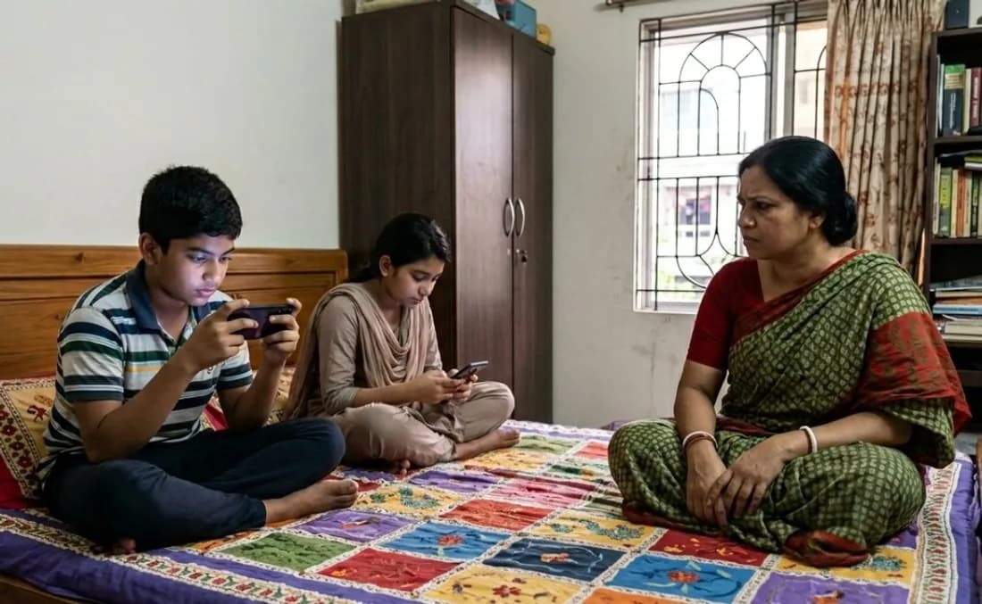A concerned mother sits on a bed facing her son and daughter, both absorbed in smartphones in a family bedroom—a scene about screen time versus skills.