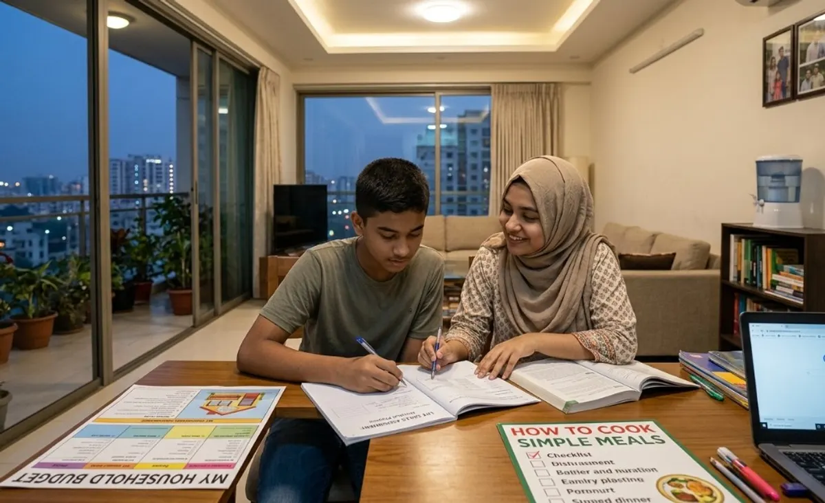 A tutor and student working on life skills tasks together at a table at home